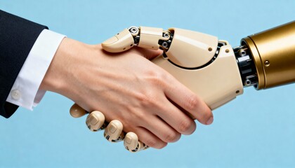 Close-up handshake between a business person and a humanoid robot arm on blue background. Symbol of AI collaboration, automation, trust, and future technology.