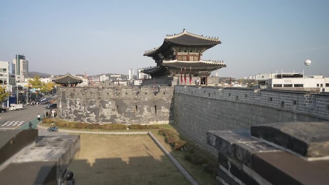 Elevated view of Bugongseong (Northern Semi-circular Wall) on a sunny day in autumn, Hwaseo-dong, Paldal-gu, Suwon, Gyeonggi-do, South Korea, Asia