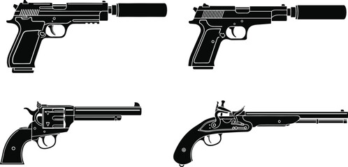 Tactical firearm silhouette set featuring modern handguns with silencers a classic revolver and a historical flintlock pistol flat vector illustration © NURUL