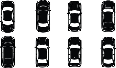 Top view set of modern car silhouettes for architectural site plans urban traffic mapping and parking lot design flat vector illustration © NURUL