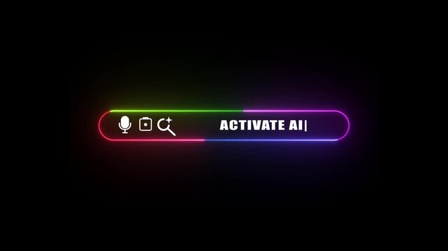 Activate A I neon button with microphone camera and magnifying glass on dark background activate ai button