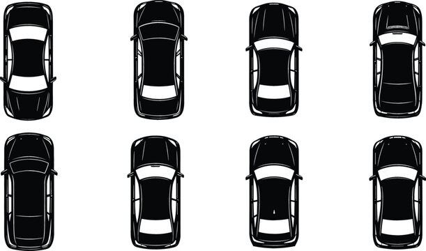 Top view set of modern car silhouettes for architectural site plans urban traffic mapping and parking lot design flat vector illustration