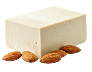 Isolated block of tofu with almonds healthy food concept transparent background