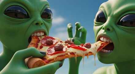 Two vibrant green extraterrestrials with large dark eyes eagerly devour a delicious pepperoni and