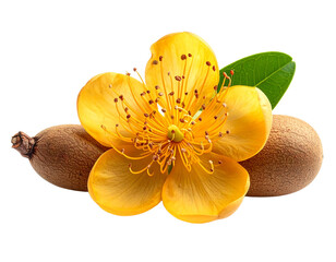 Vibrant yellow flower with unopened buds and a green leaf isolated against a transparent background