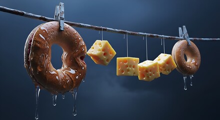 Sweet and savory delight, glistening bagels and Swiss cheese cubes hang suspended from a weathered