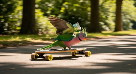 A vibrant plum-headed parakeet gracefully balances on a skateboard as it glides through a