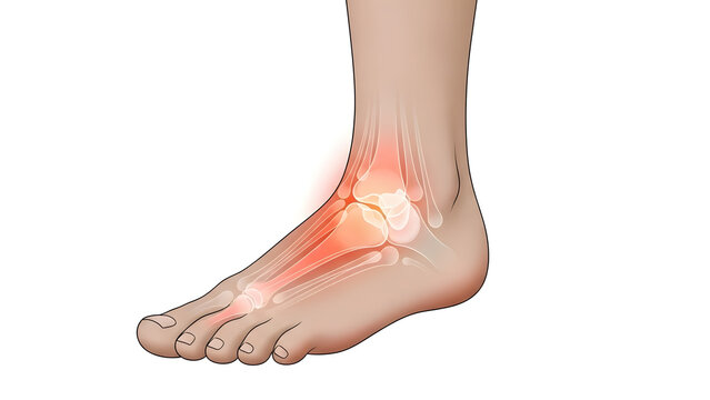 An anatomical representation of a human foot highlighting joint pain and dislocation in the bones of the toe and ankle area