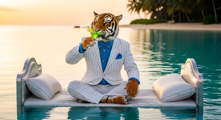 Anthropomorphic tiger in a suit enjoys a green cocktail while relaxing on a bed floating on