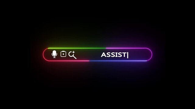 Neon assist button with microphone camera and magnifying glass on black background with colorful glowing lines