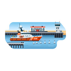 Illustration of a rescue boat approaching a dock with a control tower in the background