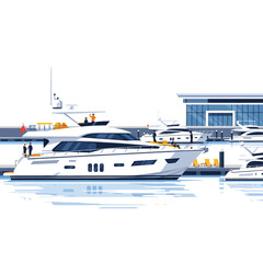 Luxury Yacht Docked at Modern Marina with People on Board and Other Vessels Nearby