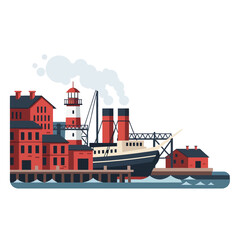 Vintage Ship Docked at Industrial Harbor with Lighthouse and Buildings