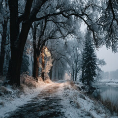 A winter landscape with a snow-covered path leading into the distance among tall trees.  