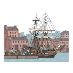 Sailors unloading cargo from a large sailing ship at a bustling dockside with warehouses in the background