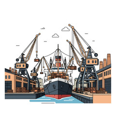 A large cargo ship is docked at a busy industrial harbor with cranes and warehouses