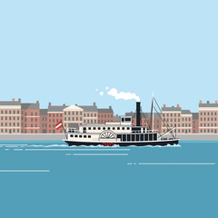 Vintage steamboat sails past historic waterfront buildings on a serene river