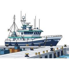 Fishing vessel docked at a modern harbor with cargo containers in the foreground