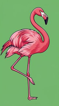 Pixel Art Pink Flamingo Standing on One Leg Green Background