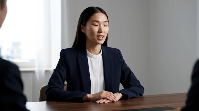 Asian woman in a navy blazer speaks in an interview, seated at a dark wooden table