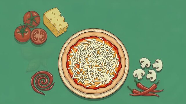 Pixel Art Pizza Ingredients and Fresh Pizza on Green Background