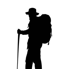 Black silhouette of a standing climber wearing a backpack and hat holding climbing poles on a white background
