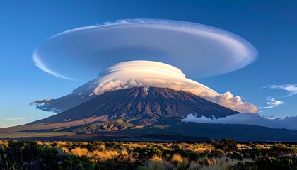 volcanic mountain landscape, massive ring-shaped lenticular cloud hovering above