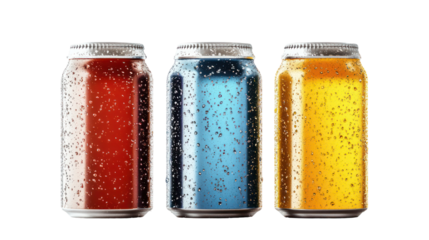 Three colored beverage cans on transparent background