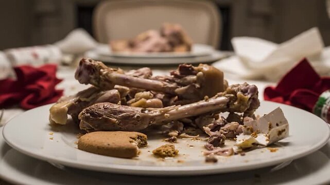 Turkey remains & cookie, plates on table after a holiday meal
