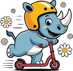 Cartoon rhino playing flat vector icon illustration for sticker, logo, book, t-shirt design and more decorations