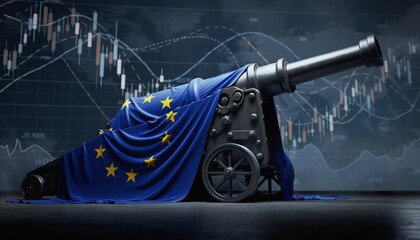 Obraz premium European cannon financial market crisis, dramatic concept showing economic struggles, uncertainty, and volatility in the European Union with flag symbolism and analytics.