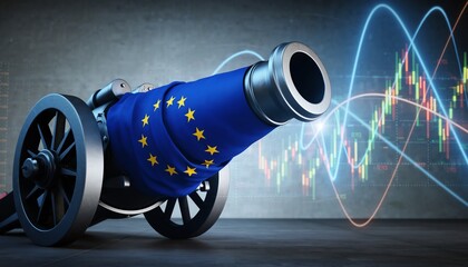 European cannon power market surge, economic conflict, financial volatility, dramatic stock chart, symbolizing forceful changes in eurozone business and geopolitical strategies.