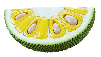 Cross-section of a ripe jackfruit showing its fleshy pods and seeds