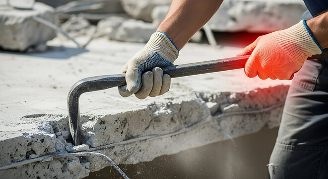 Construction worker's hand in pain using a crowbar to pry concrete. Demolition, manual labor, and workplace injury concept.
