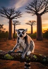 Obraz premium Ring-Tailed Lemur with Baobab Trees at Sunset