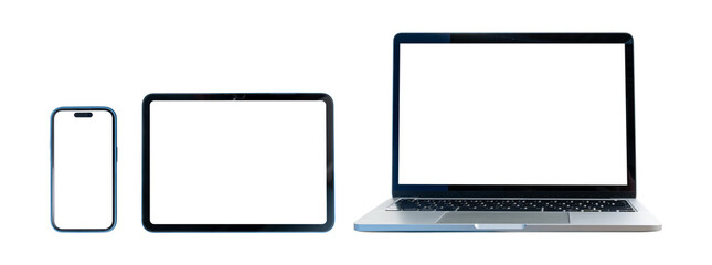 Set of modern digital devices including smartphone, tablet, and laptop mockups isolated on...