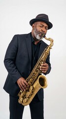 Naklejka premium Melodic Expressions: A seasoned musician is captured in a moment of pure musicality. With his eyes closed in deep concentration, he pours his soul into playing his saxophone.