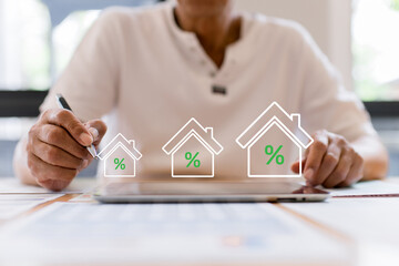 Real estate finance, digital banking, home loan, financial growth and online investment analysis.