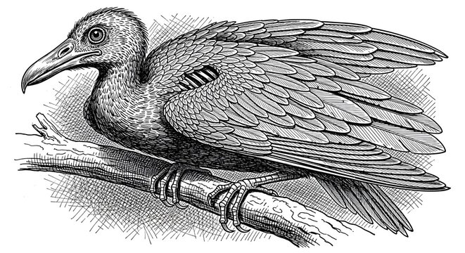 Vintage engraving illustration of prehistoric bird Ichthyornis or similar species perched on branch