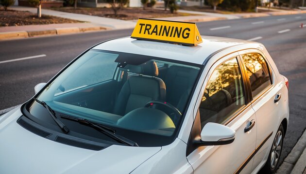White car driver training road, sunlight, safety. Modern sedan with yellow sign, emphasizing learning, beginner driver education, and safe driving practice.