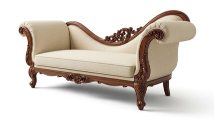 Three-quarter view of an antique cream-colored sofa with carved wooden frame on white