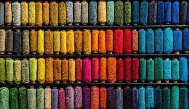 Vibrant Textile Palette - Neatly Arranged Colorful Thread Spools.