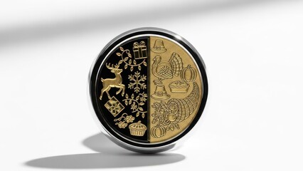 Close-up of a gold and black coin with intricate designs on a white background
