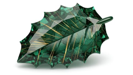 A green and gold decorative leaf-shaped object on a white background.