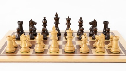 A chessboard with brown and beige pieces on a plain white background
