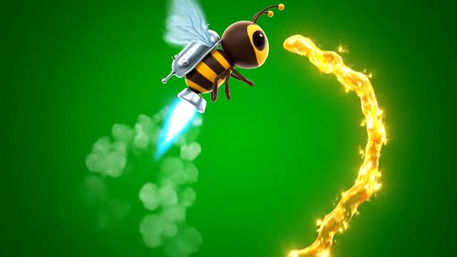 Animated cartoon bee flying with jetpack and golden trail on green background.