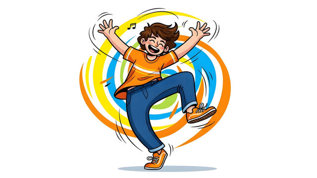 A cheerful boy in a bright orange shirt and jeans performing a happy dance with a colorful spiral background and music icons