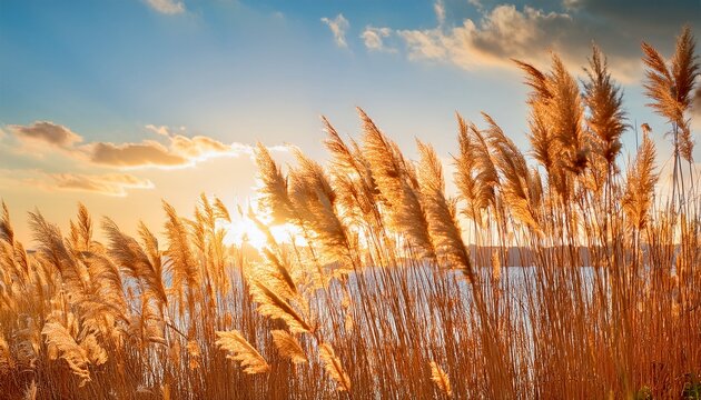 Fluffy Golden Reeds On Sunset Sky Background Against Sunlight Trendy Natural Pampas Grass Botanical Background For Poster Website Wallpaper Design Dry Gold Reed On The Lake Autumn Nature Sunny Day