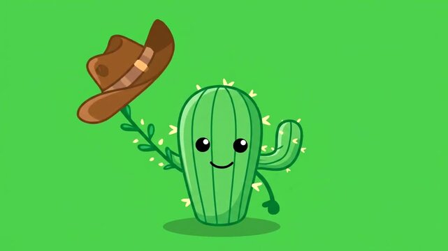 Animated cartoon cactus wearing a cowboy hat on a green background.