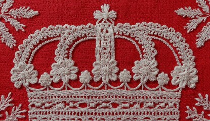 Majestic White Embroidered Royal Crown on Vibrant Red Velvet Textile.